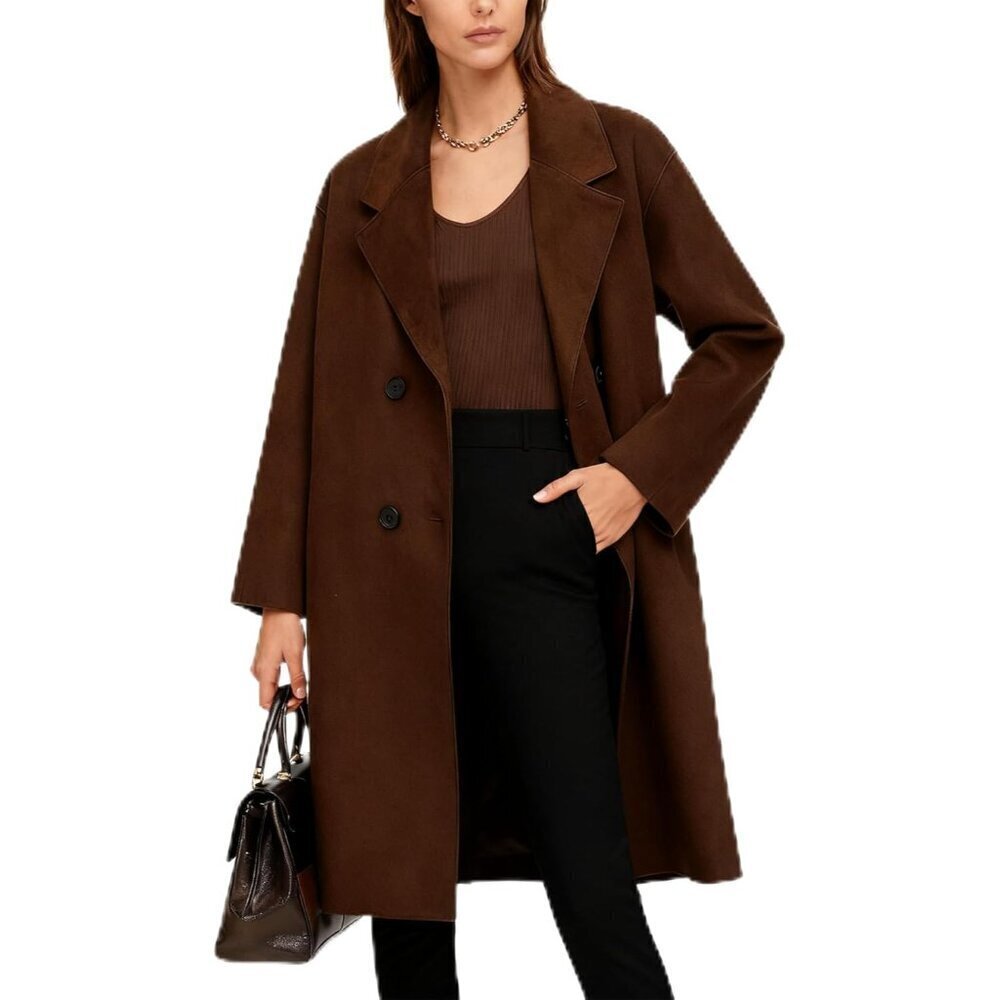 Long Coat for Women Fall Winter Wool Coats Double Breasted Midi Peacoat Trench C